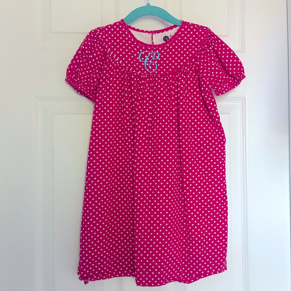 EUC Smockadot Kids Pink Polkadot Dress with “C” Monogram